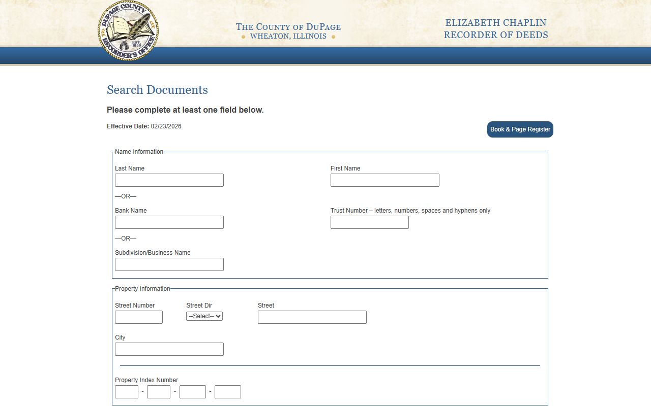 DuPage County Recorder document search for DuPage County property tax records