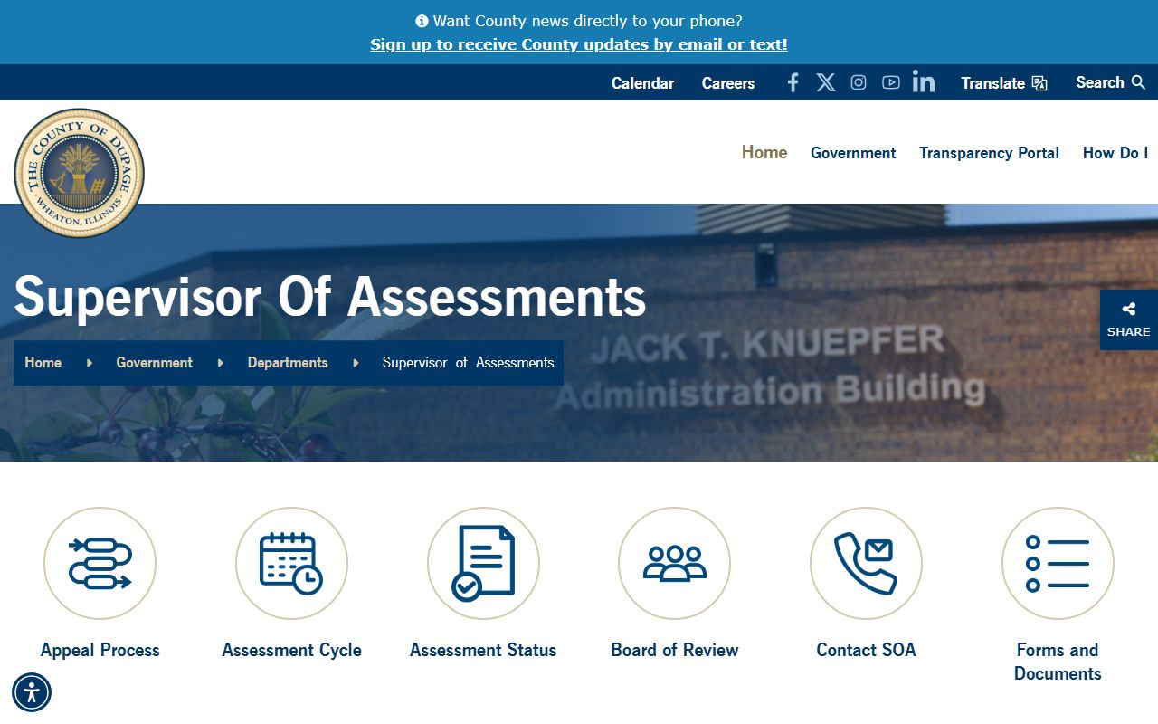 DuPage County Supervisor of Assessments page for DuPage County property tax records