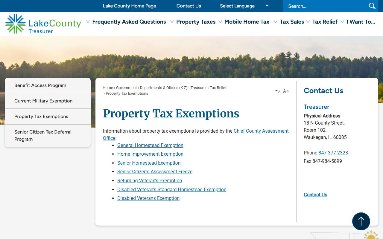Lake County property tax exemptions page for Lake County property tax records