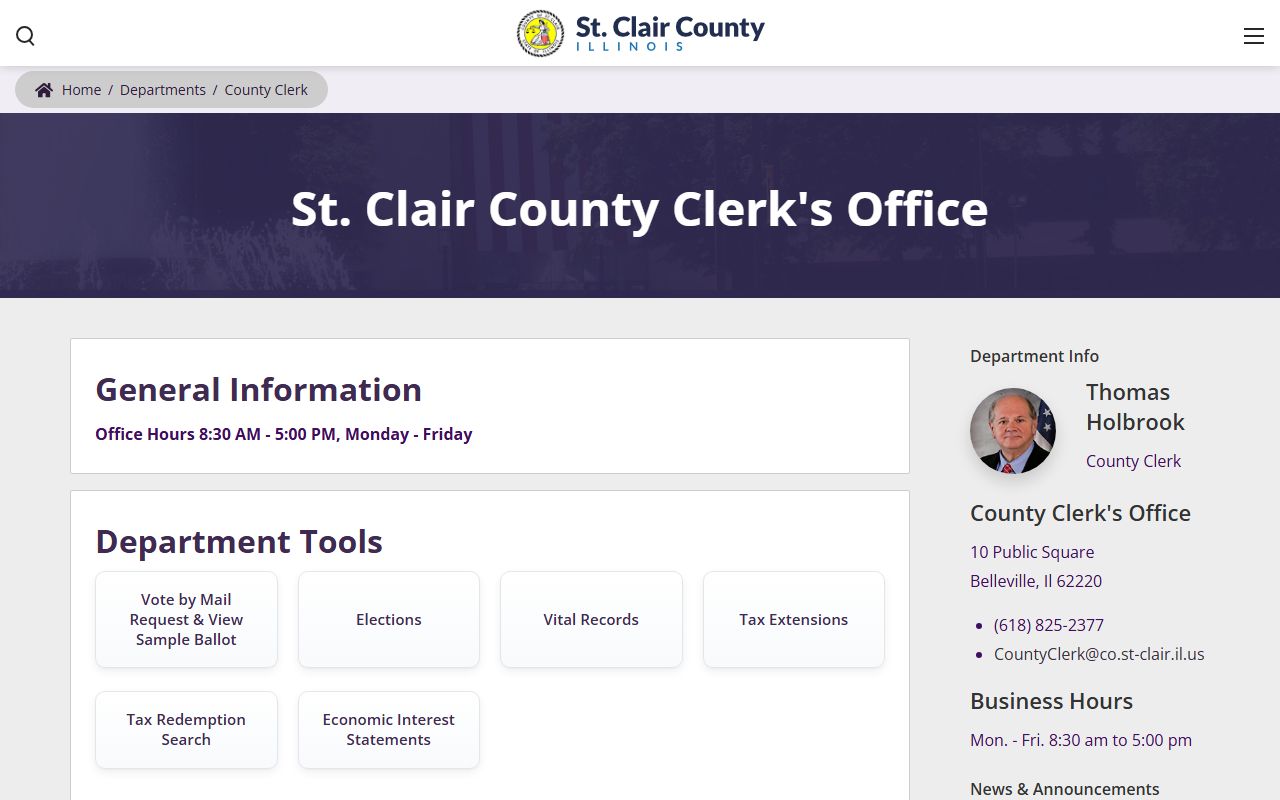 St. Clair County Clerk page for St. Clair County property tax records