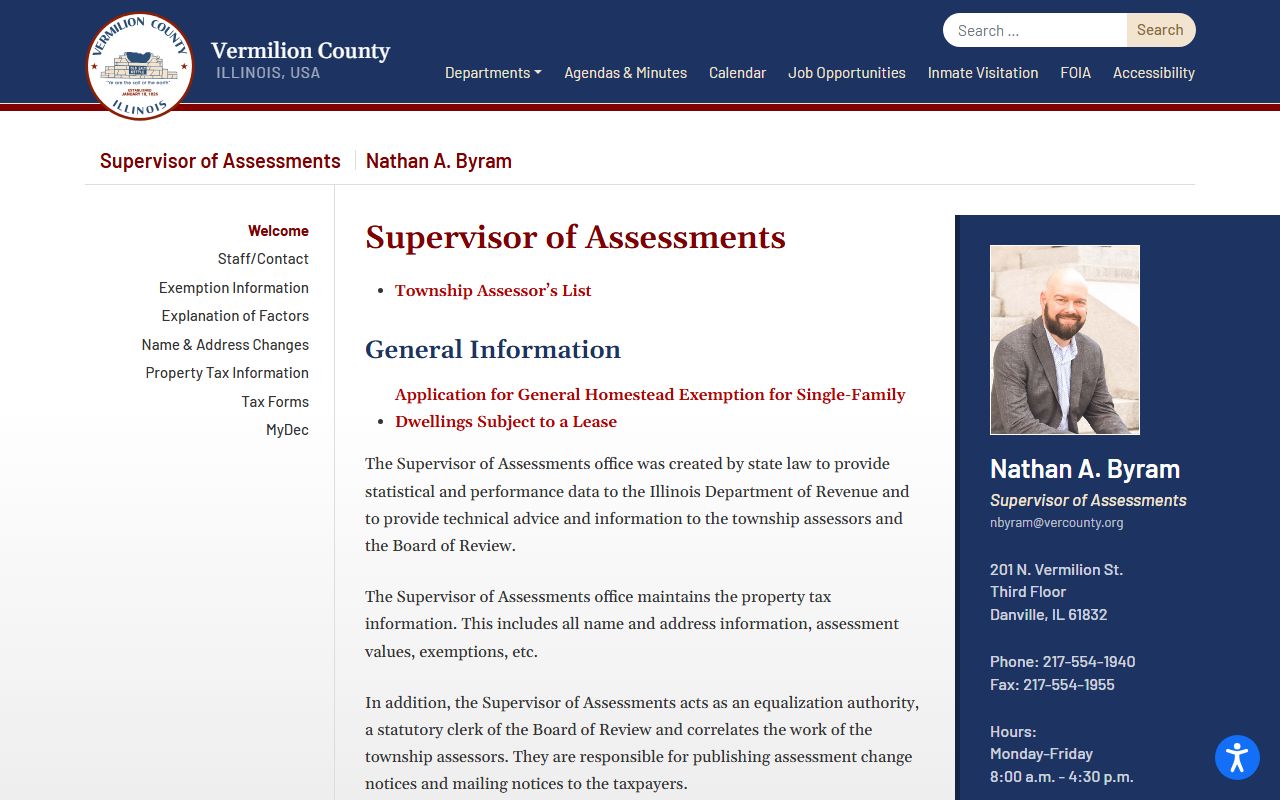 Vermilion County Supervisor of Assessments page for Vermilion County property tax records