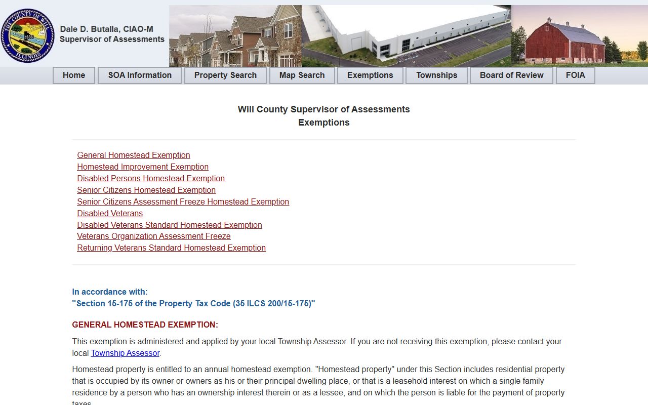 Will County exemptions page for Will County property tax records
