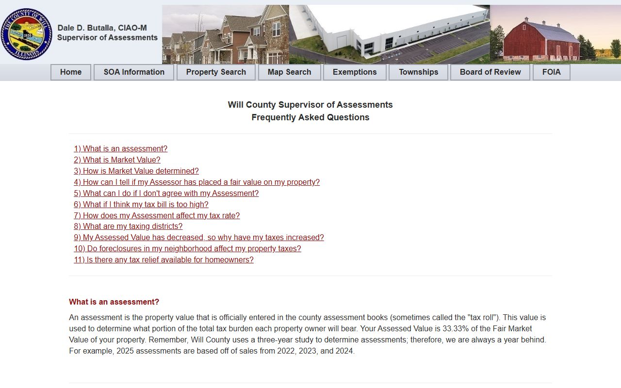 Will County SOA FAQ page for Will County property tax records