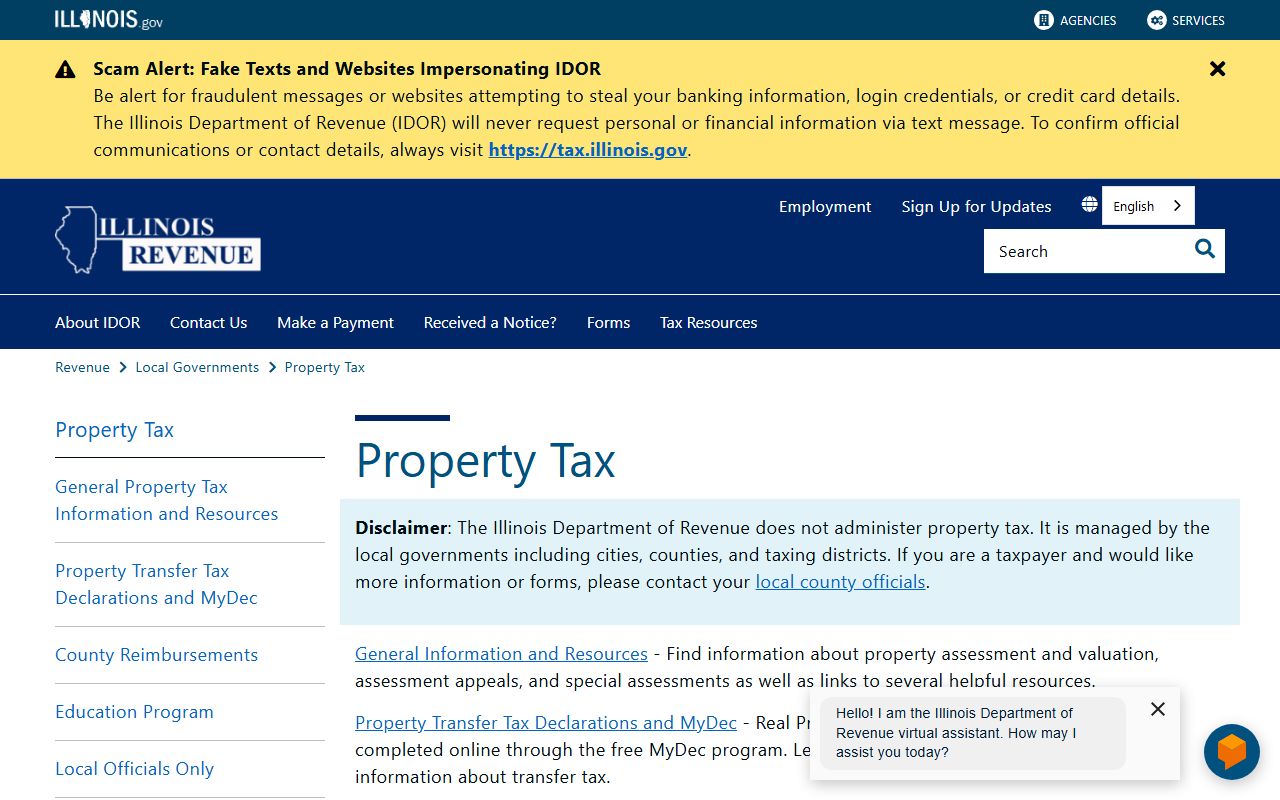 Illinois Department of Revenue property tax page for Illinois property tax records